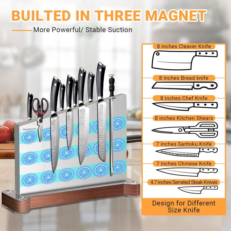Nanbone Magnetic Knife Block Without Knives Large Double Side Magnetic Knife Holder Stand with Strong Magnet, Stainless Steel Knife Storage Organizer for Kitchen Counter Knife Rack Three Magnet Strip - Image 3